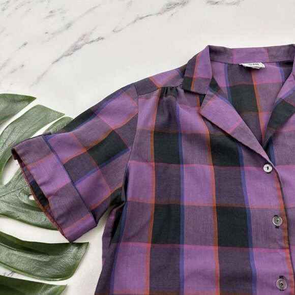 AM Casuals Womens Vintage Top Size M Purple Black Plaid Pinup Retro Button Up - Picture 4 of 12